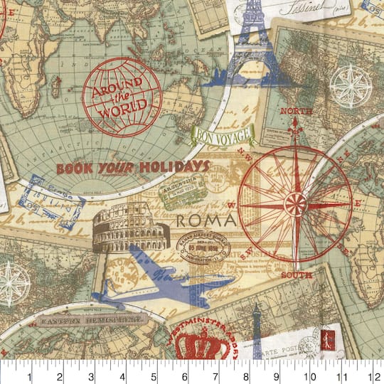 Fabric Traditions Travel Stamps Cotton Fabric